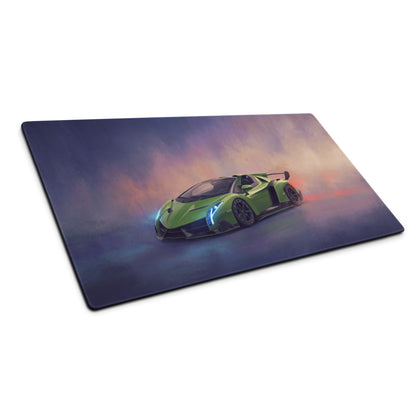 Vibrant green Lamborghini Veneno sports car graphic printed on rectangular high-precision XL gaming mousepad