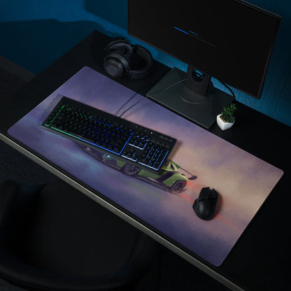 A sleek rectangular high-precision XL gaming mousepad with a green and black Lamborghini Veneno car design on purple background