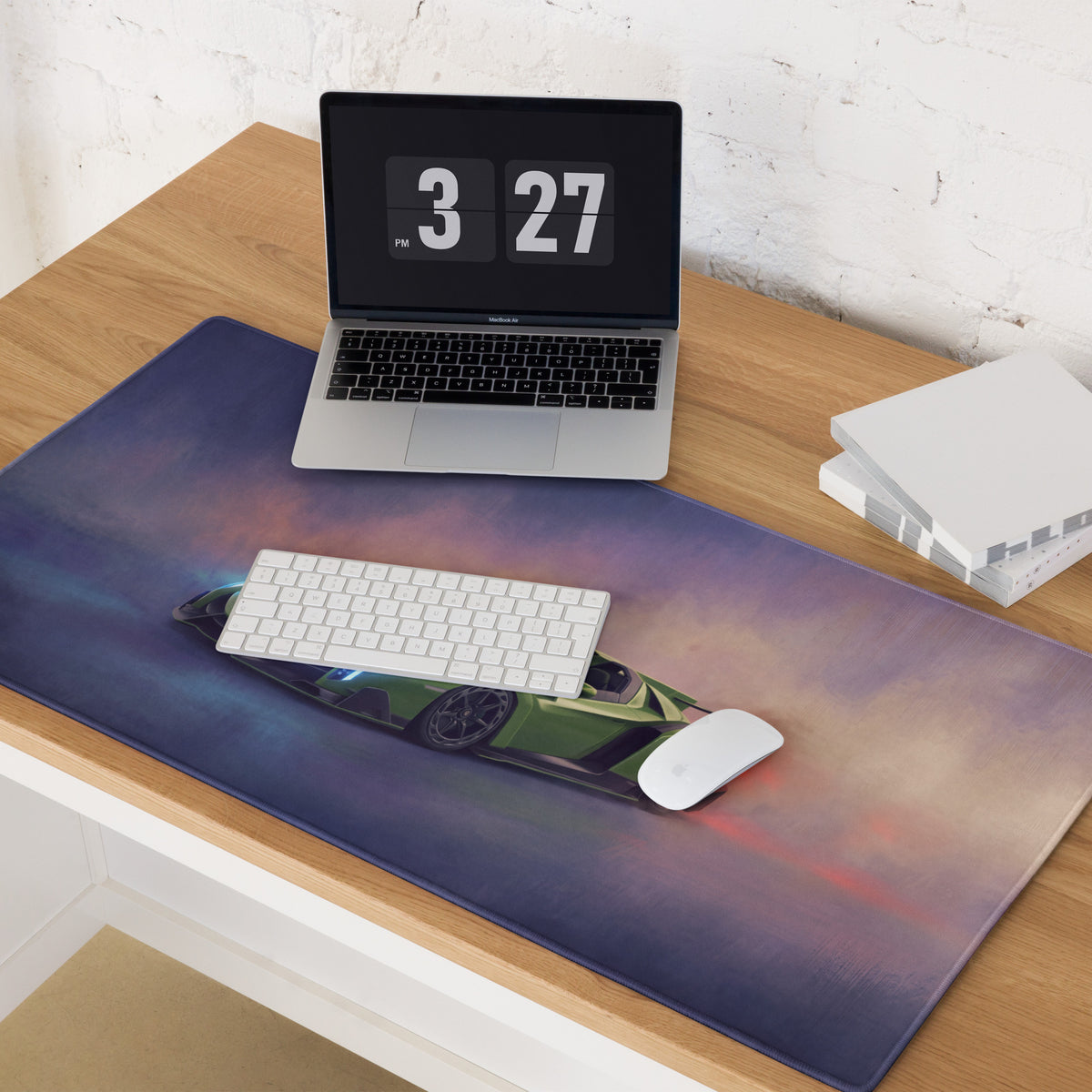 A sleek xl gaming mousepad with a vibrant green lamborghini veneno inspired sports car on a cosmic purple and blue sky