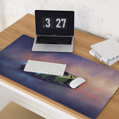 A sleek xl gaming mousepad with a vibrant green lamborghini veneno inspired sports car on a cosmic purple and blue sky