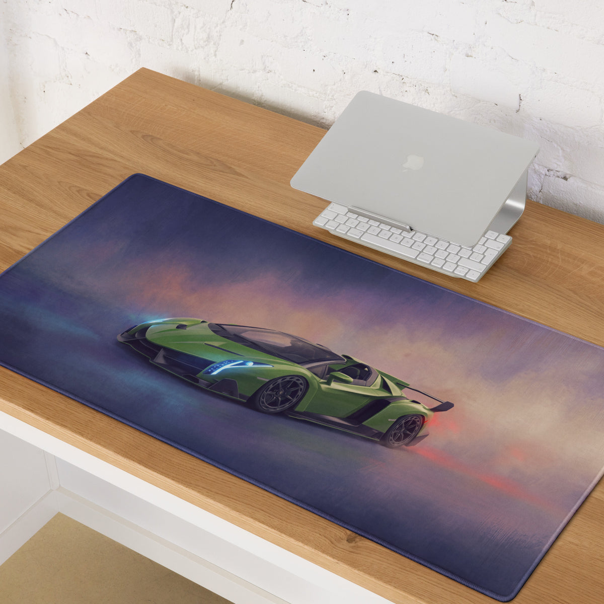 Dark blue xl gaming mousepad with a green lamborghini veneno sports car graphic printed for high-precision use