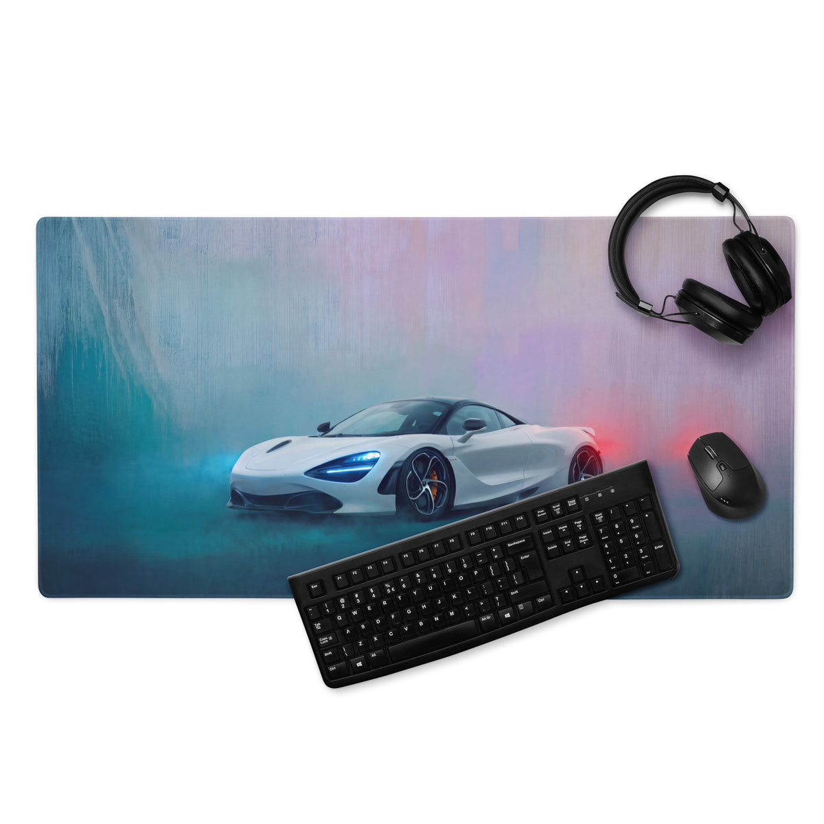 White mclaren 720s inspired pearl glacier desk pad with a blue and purple gradient background ultra-glide gaming mouse mat