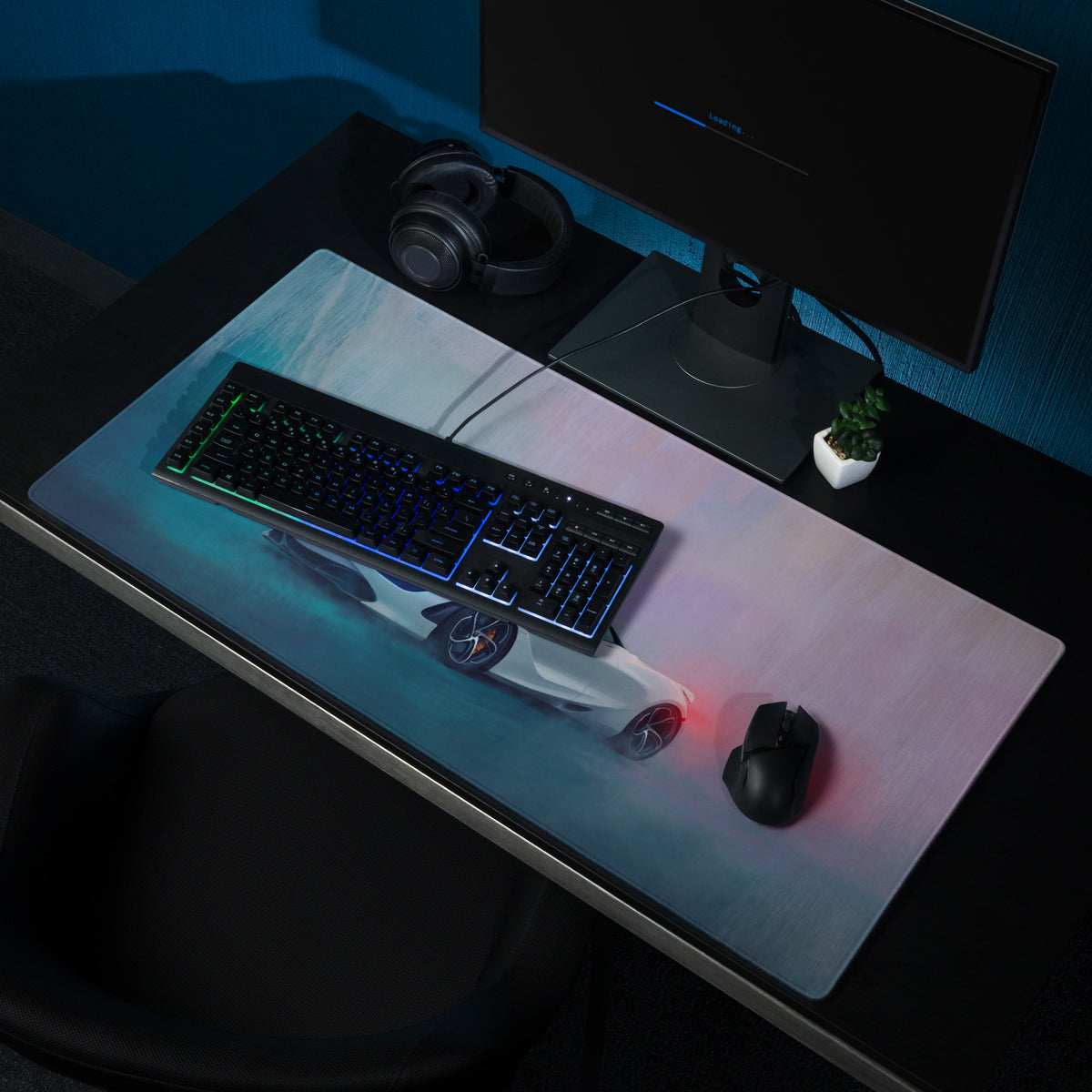 McLaren 720S inspired pearl glacier desk pad with glossy finish and illuminated white sports car design and gradient lighting