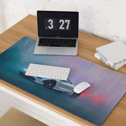 McLaren 720S inspired pearl glacier desk pad with vibrant teal purple gradient and white sports car on stitched edge mouse mat