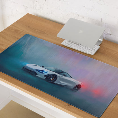 A sleek white mclaren 720s graphic on a vibrant blue and purple gradient pearl glacier stitched edge gaming desk pad