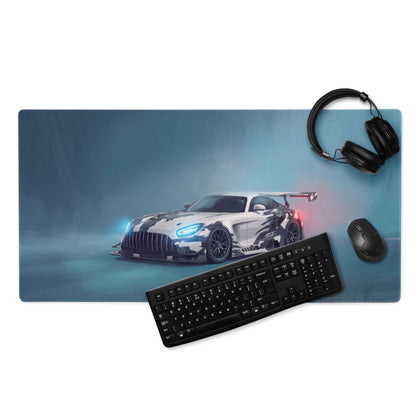 A sleek extended non-slip Mercedes-AMG GT3 inspired gaming mousepad with a white and black racing car design