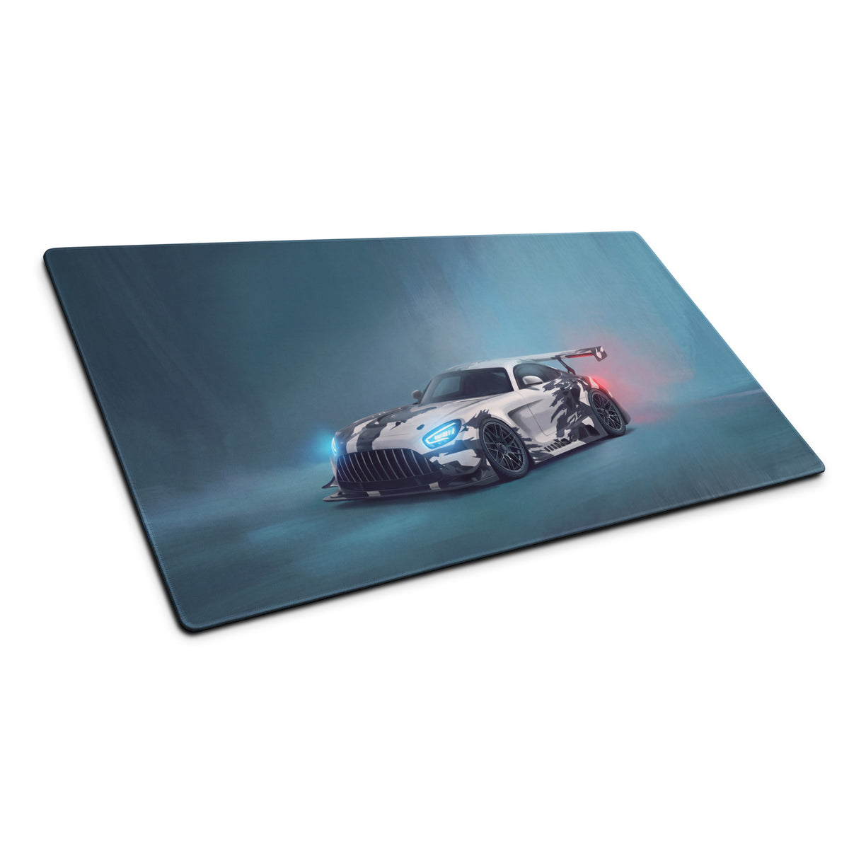 Rectangular mercedes-amg gt3 inspired cyber camo desk pad with non-slip surface and futuristic white and black race car design