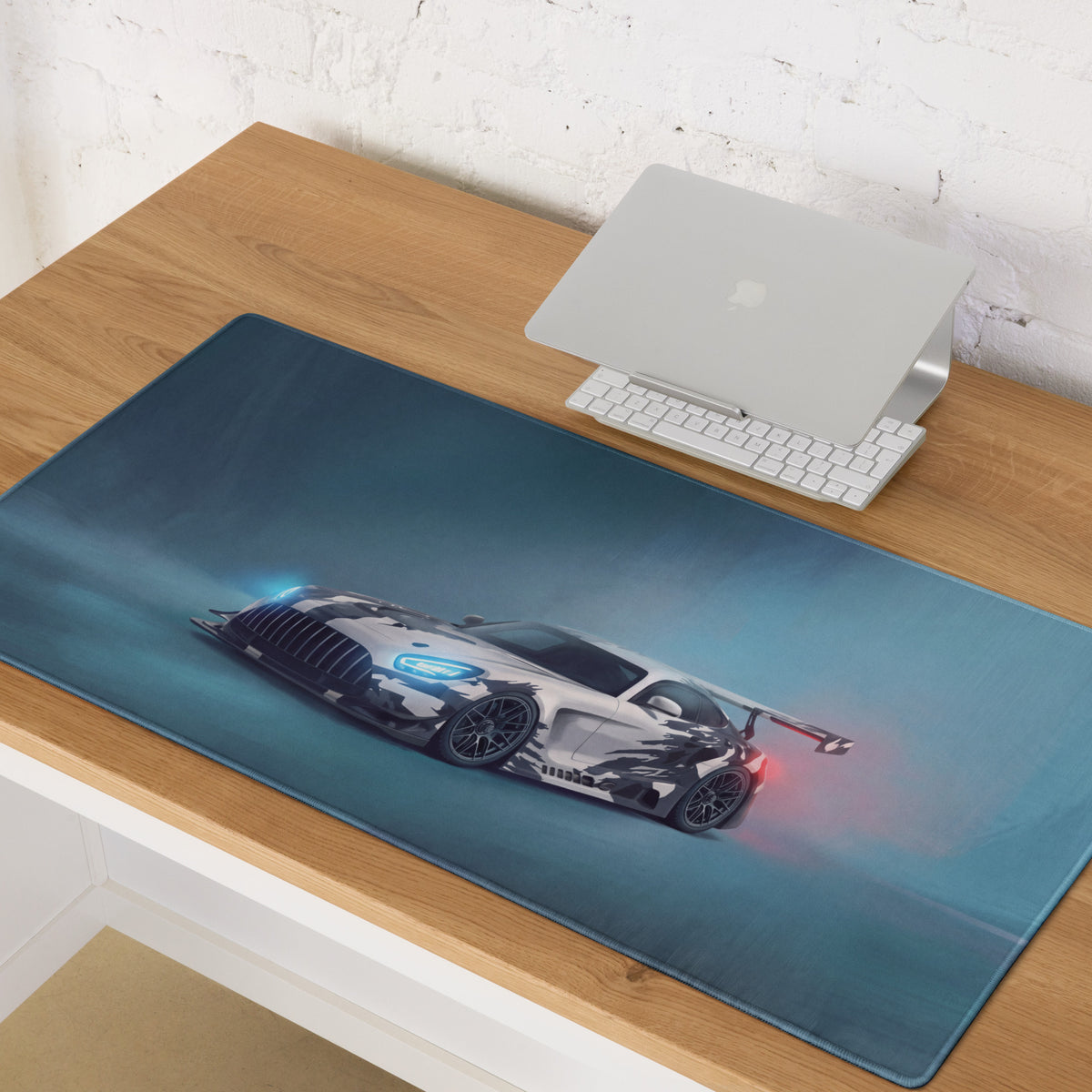 A sleek rectangular mercedes-amg gt3 inspired cyber camo gaming mousepad with white black race car graphic and non slip base