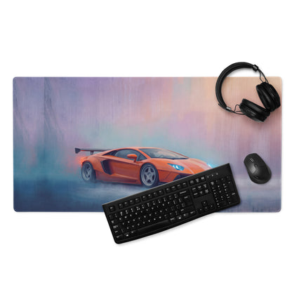Orange sports car graphic on lamborghini aventador inspired arancio horizon ultra glide stitched edge gaming mousepad