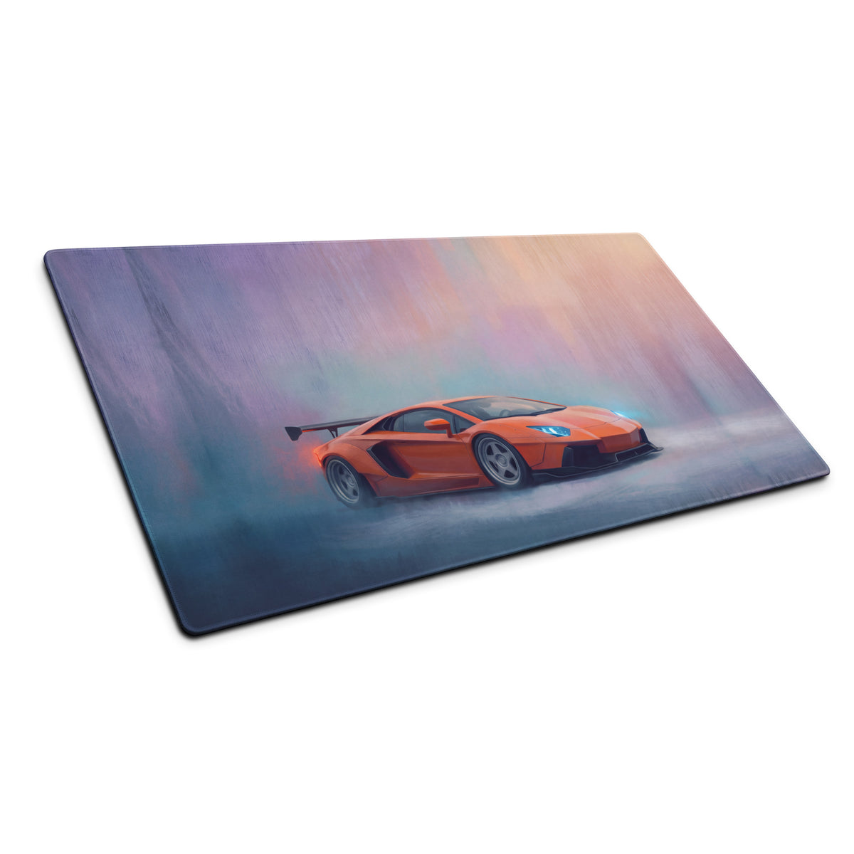 Lamborghini aventador inspired arancio horizon desk pad with vibrant orange car graphic and ultra-glide stitched edge