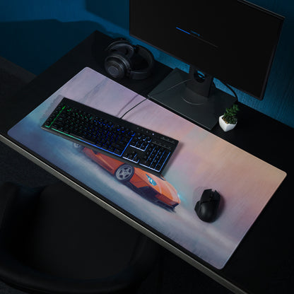 Lamborghini Aventador inspired arancio horizon orange sports car graphic printed on stitched edge gaming mousepad