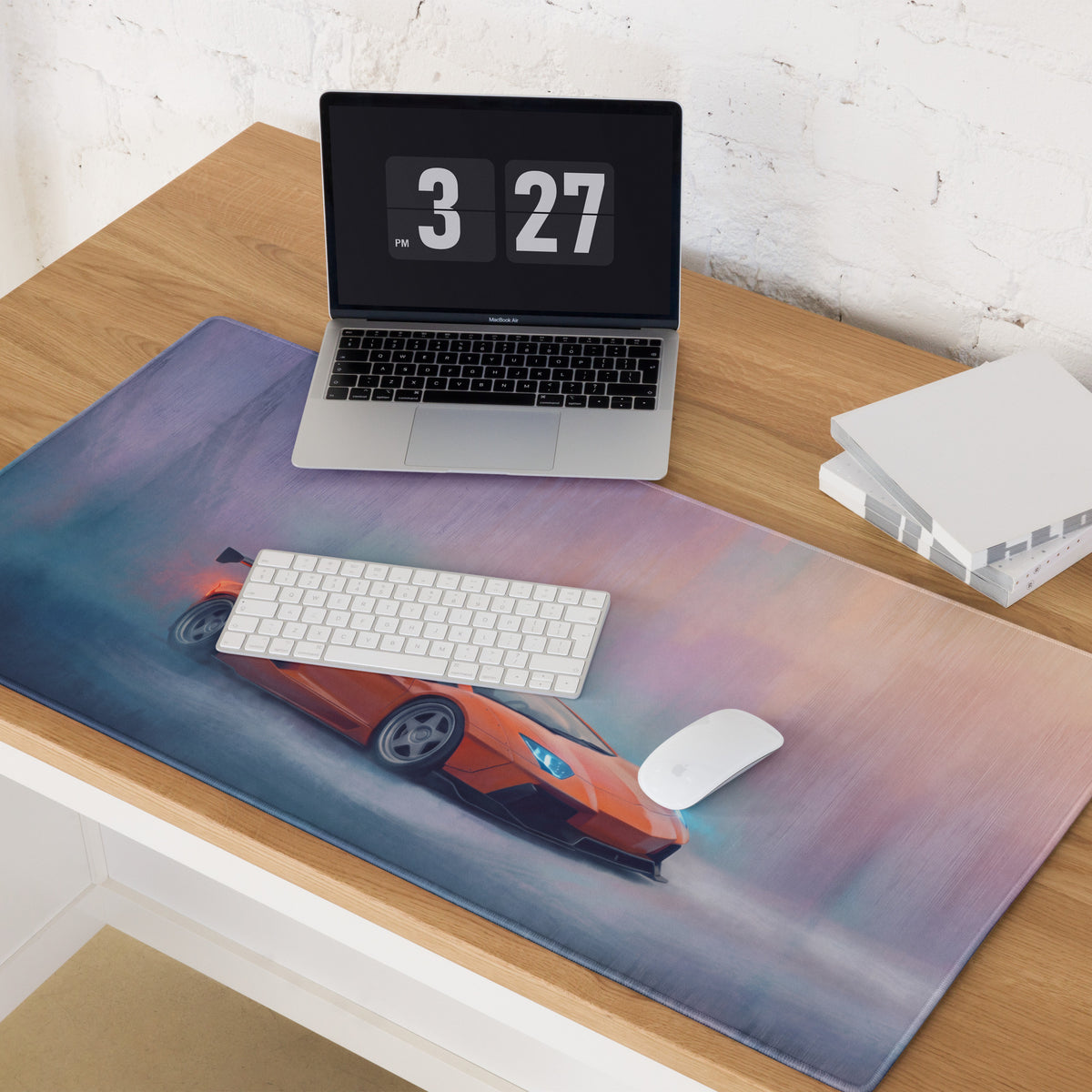 Orange sports car graphic on a large colorful ultra-glide stitched edge lamborghini aventador inspired desk pad