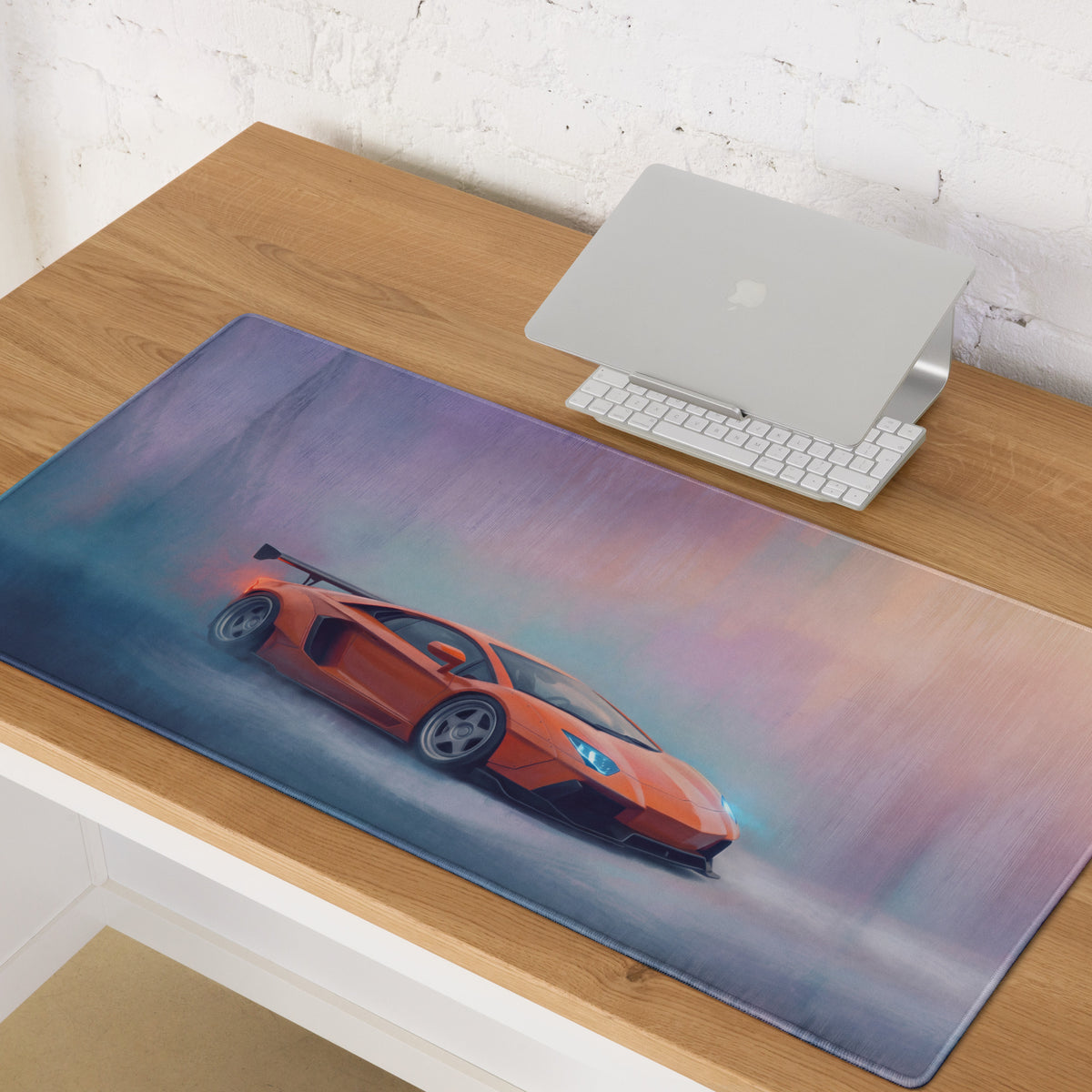 Vibrant orange lamborghini aventador inspired arancio horizon desk pad with ultra-glide stitched edge on purple blue gradient