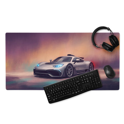 Silver sports car graphic printed on a rectangular non-slip extended gaming mousepad inspired by mercedes amg one