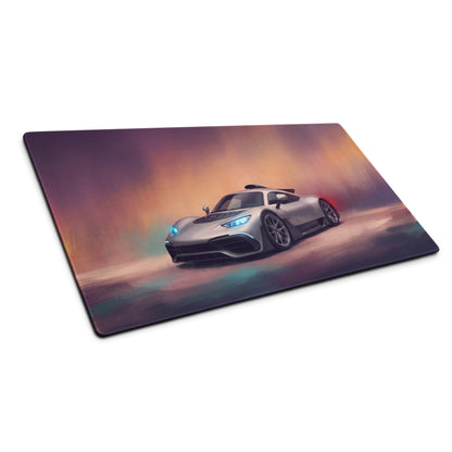 Mercedes-AMG One inspired hyper silver desk pad with silver hypercar illustration on vibrant purple orange gradient