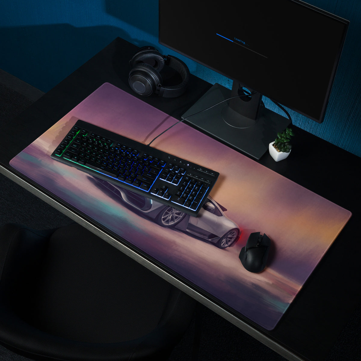 Mercedes-AMG ONE inspired hyper silver extended non-slip rectangular gaming mousepad with vibrant gradient and white sports car design