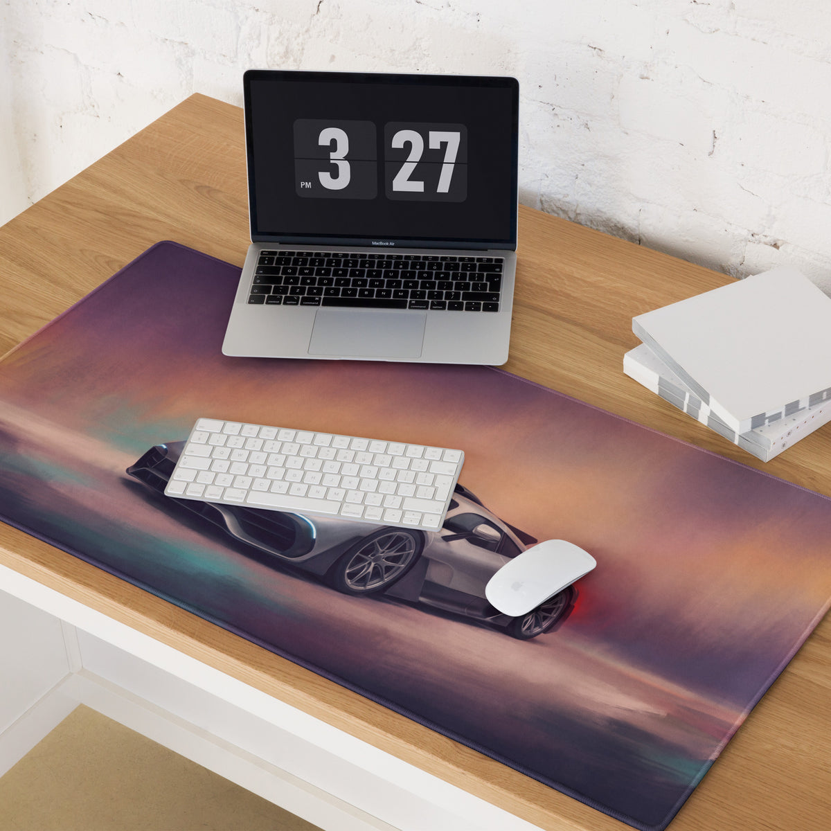 A sleek rectangular mercedes-amg one inspired hyper silver desk pad with vibrant gradient and silver sports car design