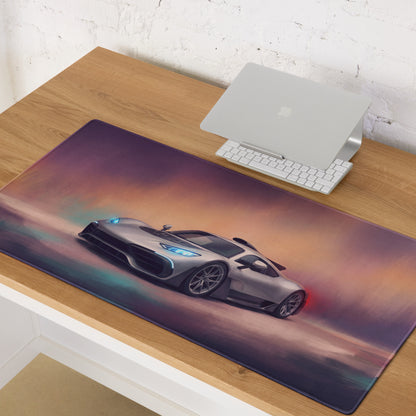 Mercedes-AMG ONE inspired hyper silver extended non-slip gaming mousepad with sleek silver sports car and purple orange gradient