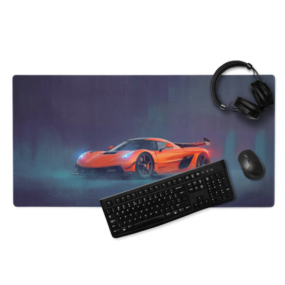 Koenigsegg jesko inspired tangelo apex desk mat with orange sports car graphic on dark blue high precision gaming mousepad