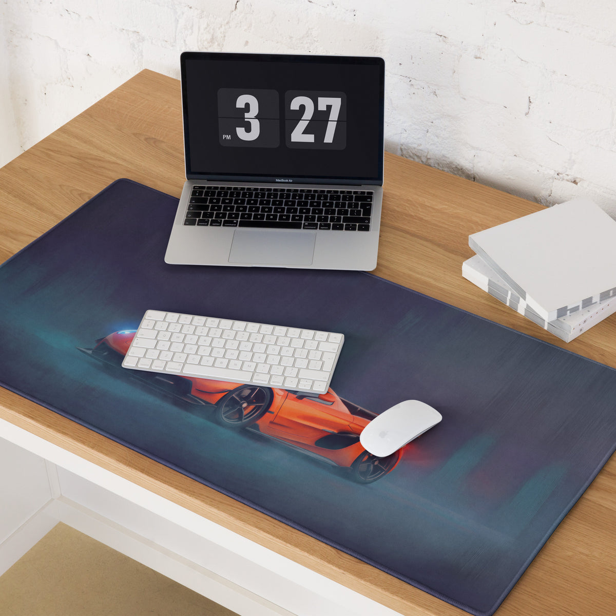 Koenigsegg Jesko inspired tangelo apex desk mat is a sleek dark blue gaming mousepad with an orange sports car graphic