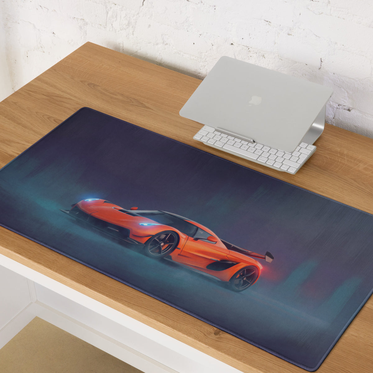 Koenigsegg Jesko inspired tangelo apex desk mat with orange sports car graphic on dark blue high precision XL mousepad