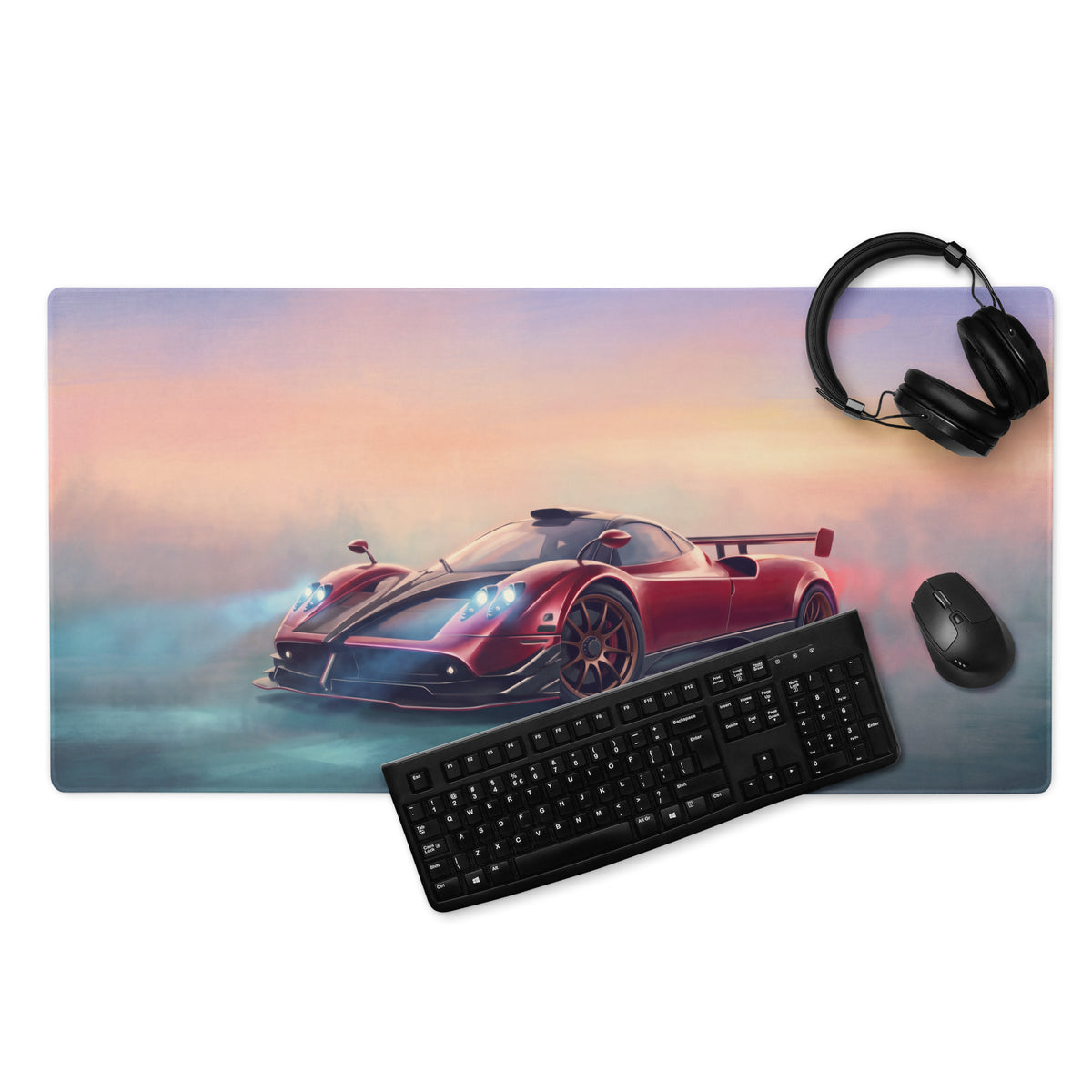 Red pagani huayra graphic printed on a rectangular non slip extended rosso sunset desk pad mouse mat