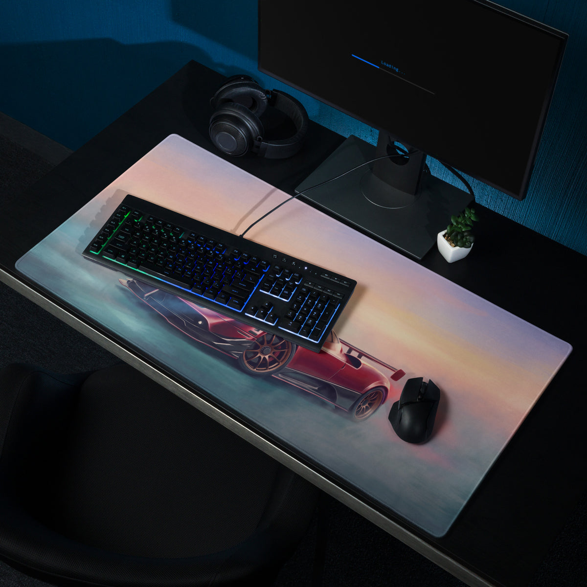 Pagani Zonda inspired rosso sunset extended non slip desk pad featuring a sleek red sports car design and glowing keyboard accents