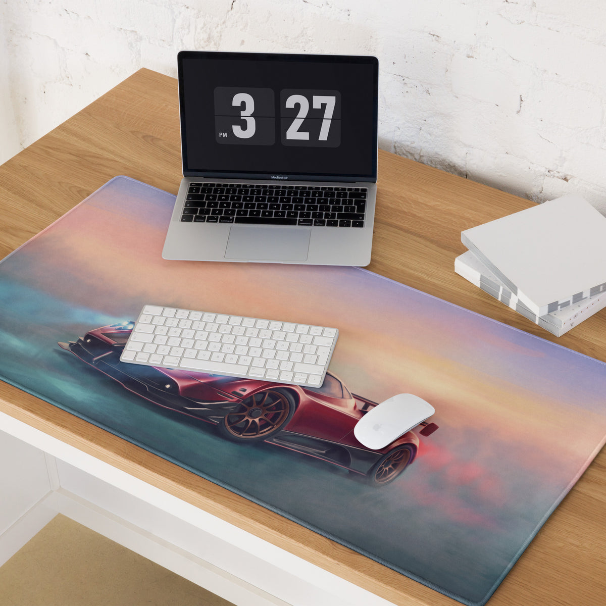 Pagani Zonda inspired rosso sunset extended non slip mousepad with vibrant red sports car and gradient sunset background
