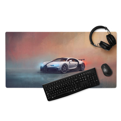 Silver bugatti chiron racing car graphic on a high precision xl gaming mousepad desk mat with glacier sunset design