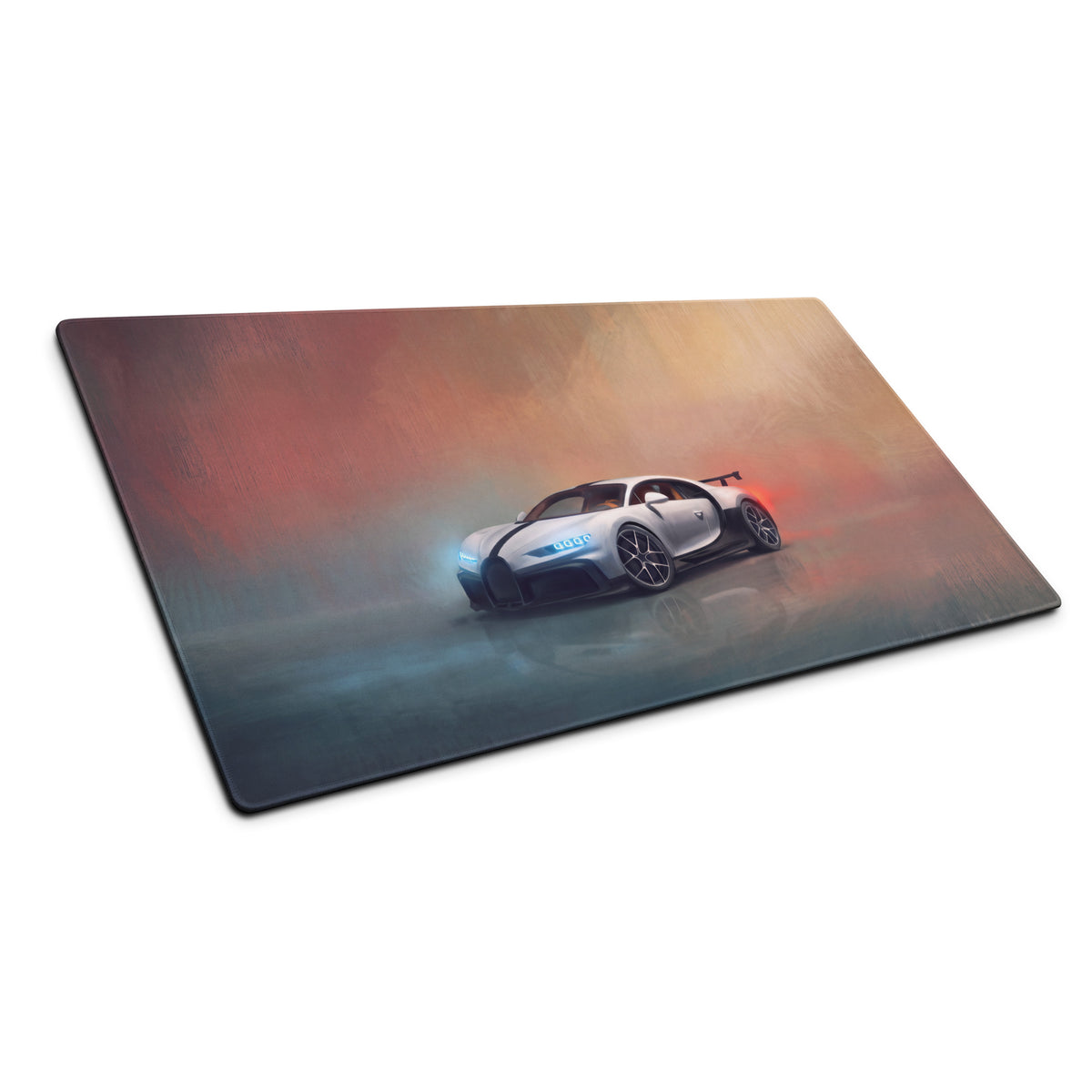 Silver bugatti chiron sports car graphic printed on a rectangular glossy desk mat high precision xl gaming mousepad