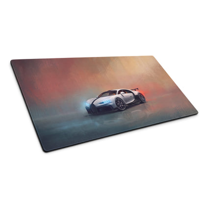Silver bugatti chiron sports car graphic printed on a rectangular glossy desk mat high precision xl gaming mousepad