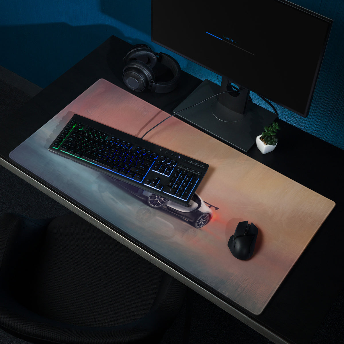 A sleek rectangular xl gaming mousepad featuring a white bugatti chiron with red accents on a glacier sunset background