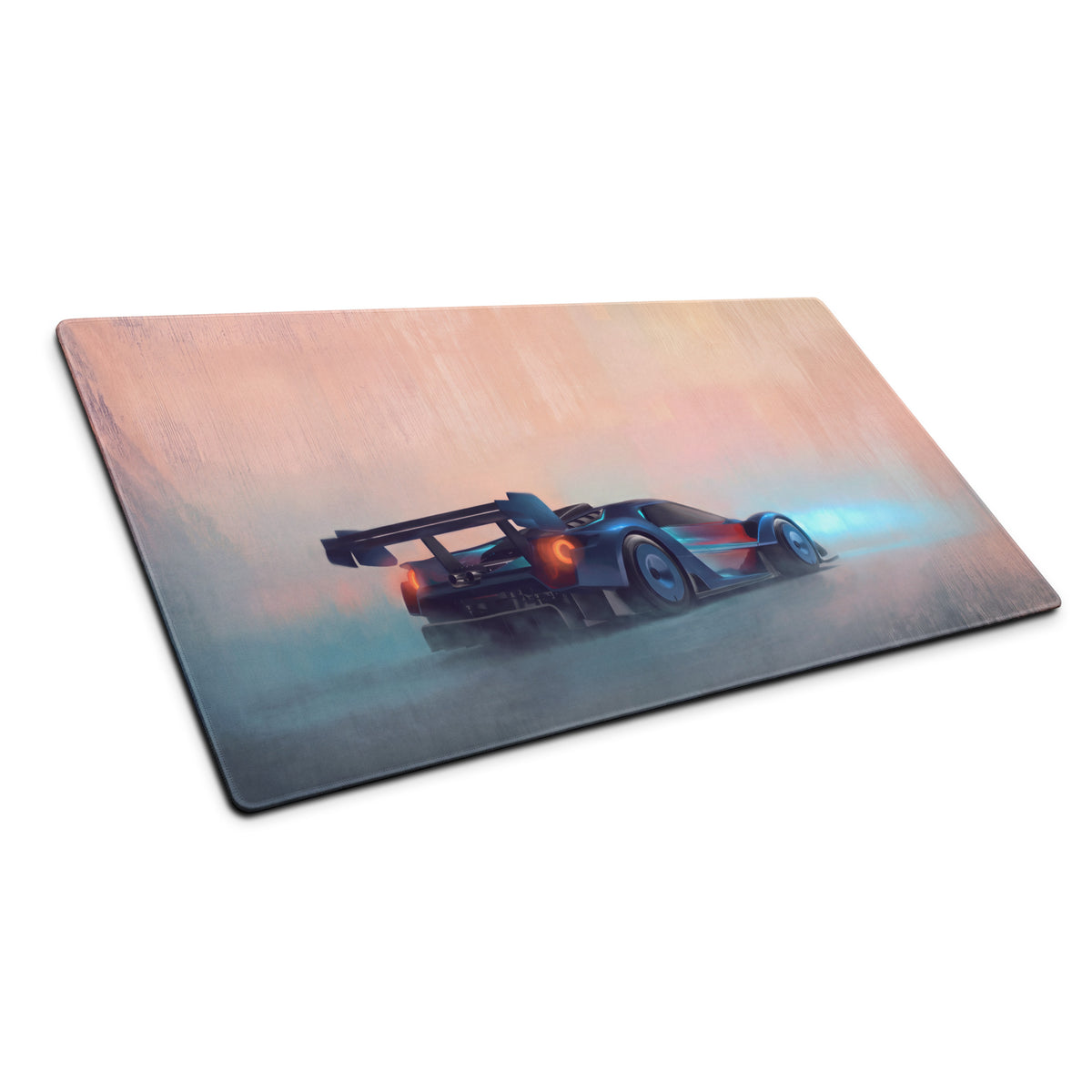Rectangular ford gt inspired cobalt track desk pad with ultra-glide stitched edge featuring a blue and black race car design