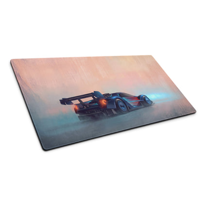 Rectangular ford gt inspired cobalt track desk pad with ultra-glide stitched edge featuring a blue and black race car design