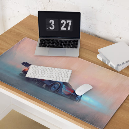 A sleek rectangular ford gt inspired cobalt track desk pad with stitched edge and vibrant futuristic race car graphic