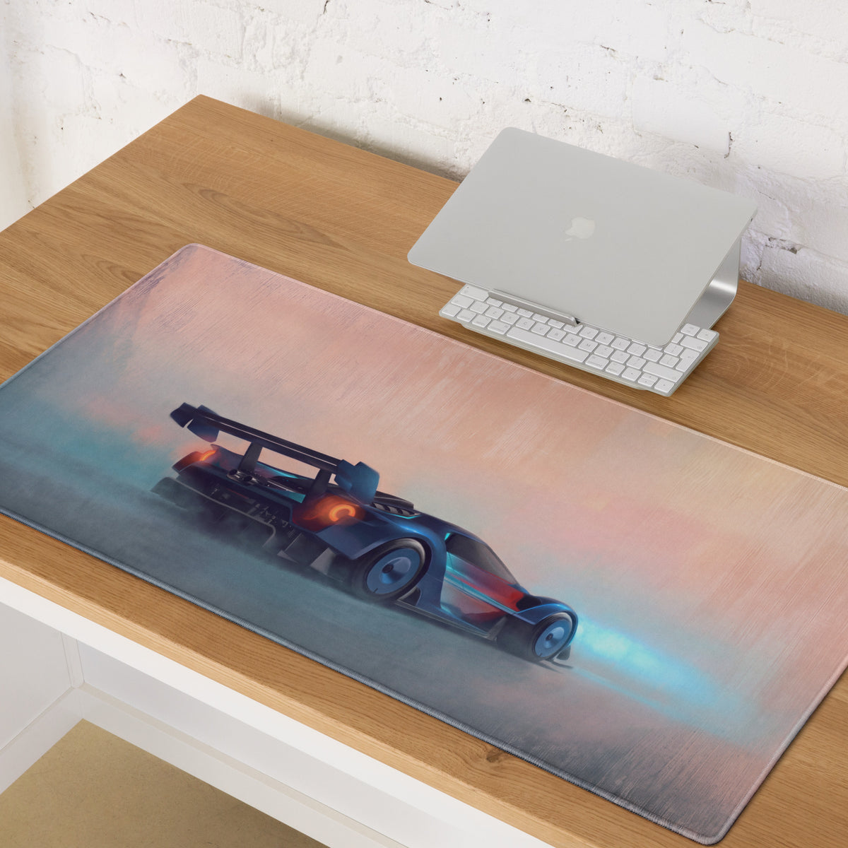 A sleek rectangular ford gt inspired cobalt track desk pad with vibrant blue and orange race car illustration