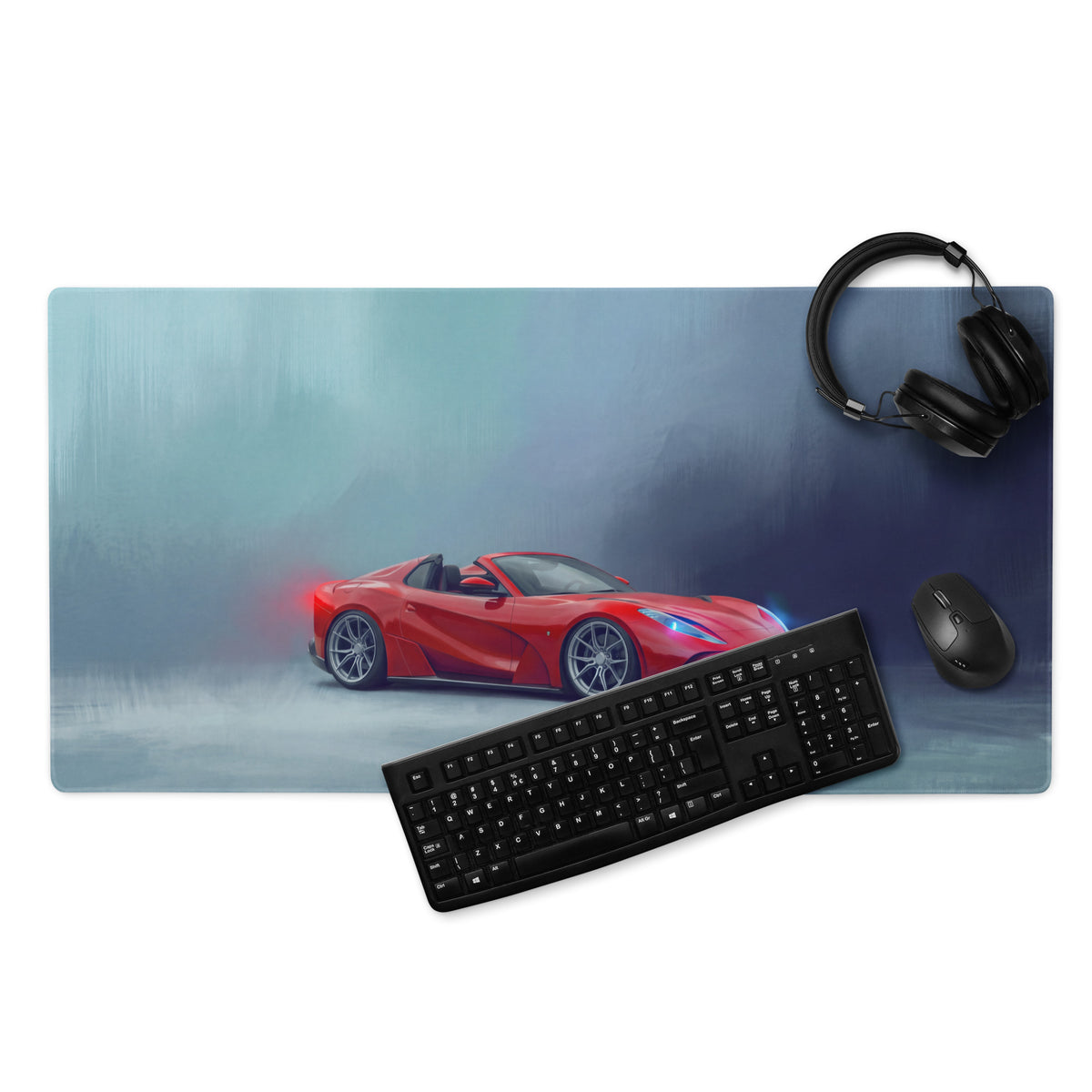 Red sports car graphic on ferrari 812 gts inspired rosso sunset desk mat low-friction cloth mousepad