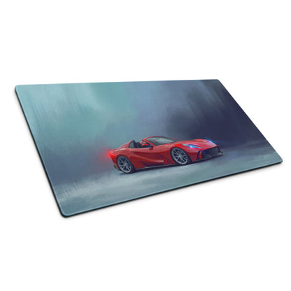 Red ferrari sports car graphic on sleek rectangular glass cutting board for ferrari 812 gts inspired rosso sunset desk mat