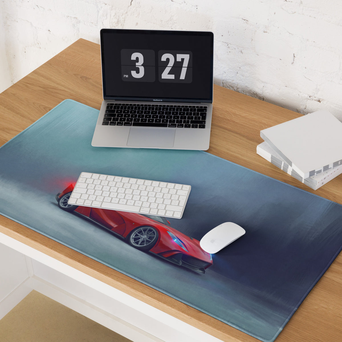 A sleek rectangular low-friction cloth mousepad with a vibrant red Ferrari 812 GTS sports car on a gradient blue background
