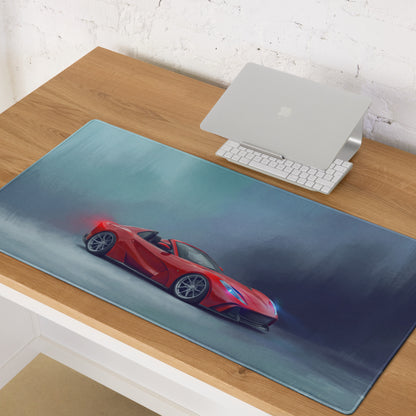 Ferrari 812 GTS inspired rosso sunset desk mat featuring a red sports car graphic on low-friction cloth surface