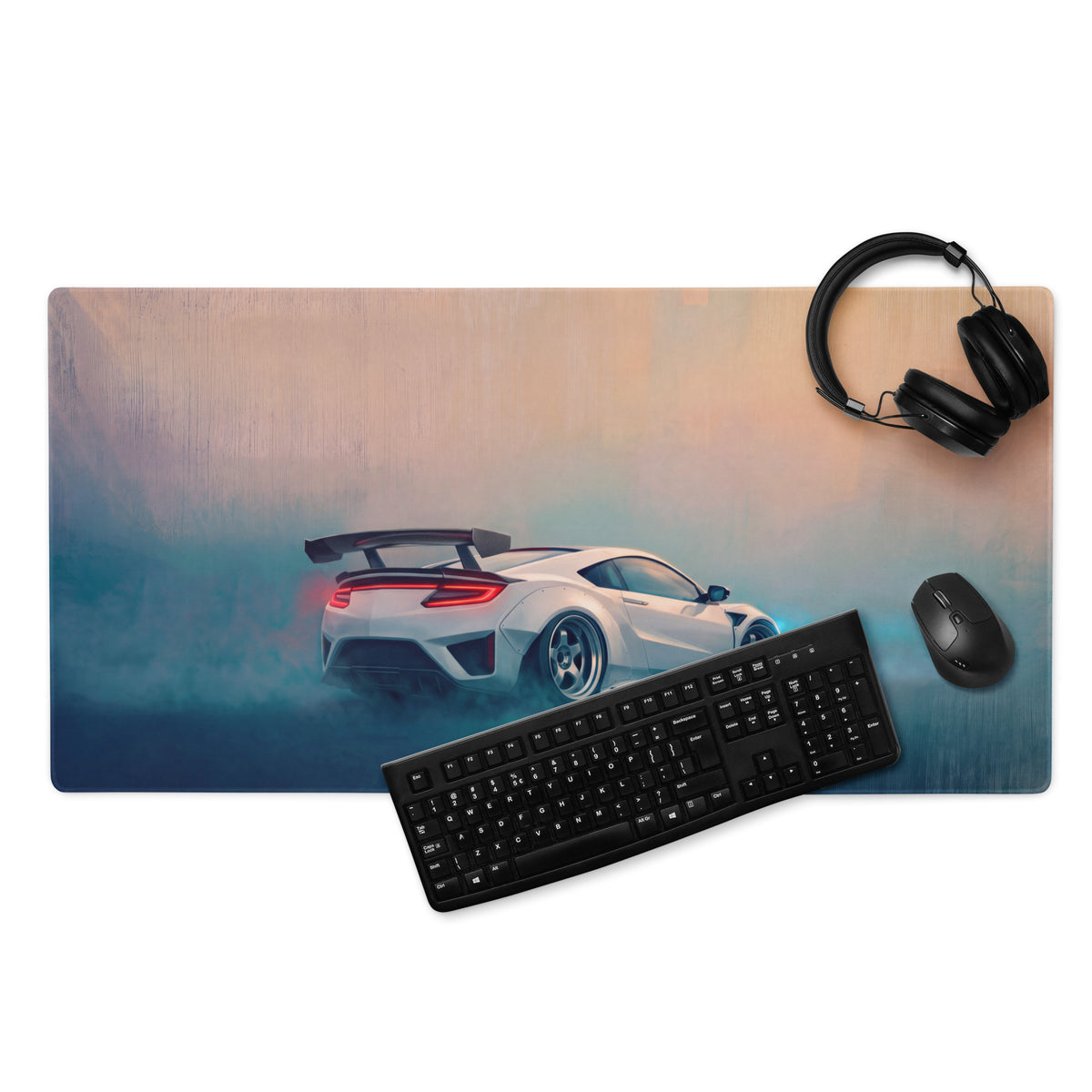 Acura nsx inspired pearl widebody desk mat featuring white sports car graphic on xl high precision gaming mousepad