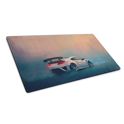 Acura nsx inspired pearl widebody rectangular mousepad with white sports car graphic on warm orange and cool blue gradient background