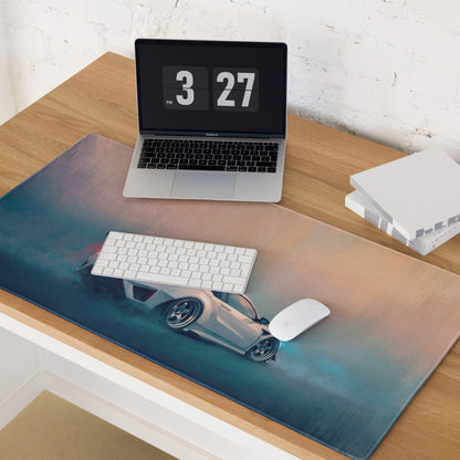 Acura NSX inspired pearl widebody high-precision XL gaming mousepad with a white sports car graphic on blue and orange background