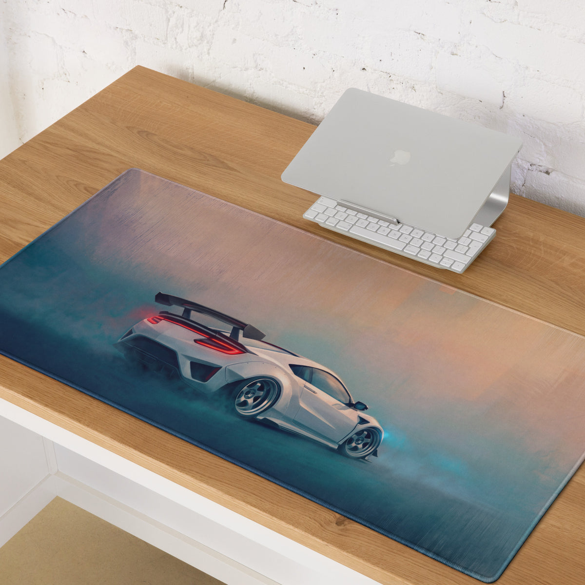 A sleek silver sports car graphic on a translucent glossy acura nsx inspired pearl widebody xl gaming mousepad