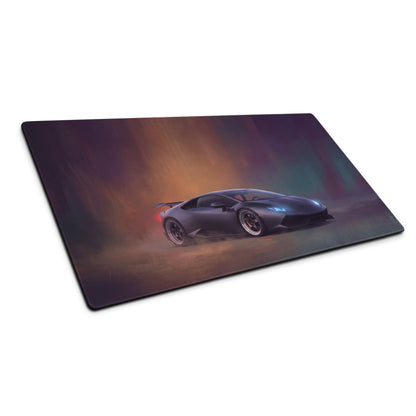 Black Lamborghini Huracán inspired stealth onyx gaming mousepad with glossy finish and vibrant atmospheric artwork