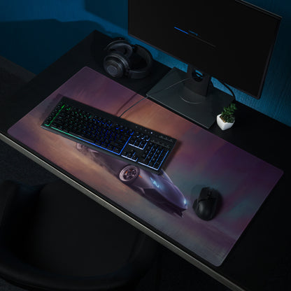 A sleek rectangular gaming mousepad with stitched edges featuring a purple and pink Lamborghini Huracán inspired design