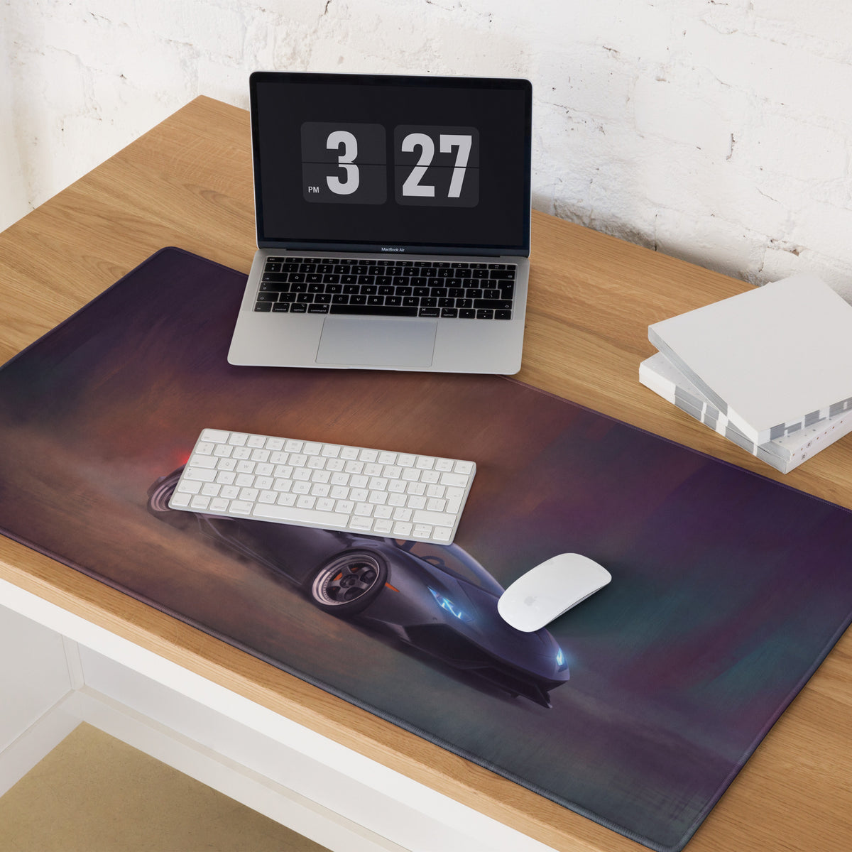 Lamborghini huracán inspired stealth onyx desk pad with sleek dark purple and black racing car graphic and stitched edges