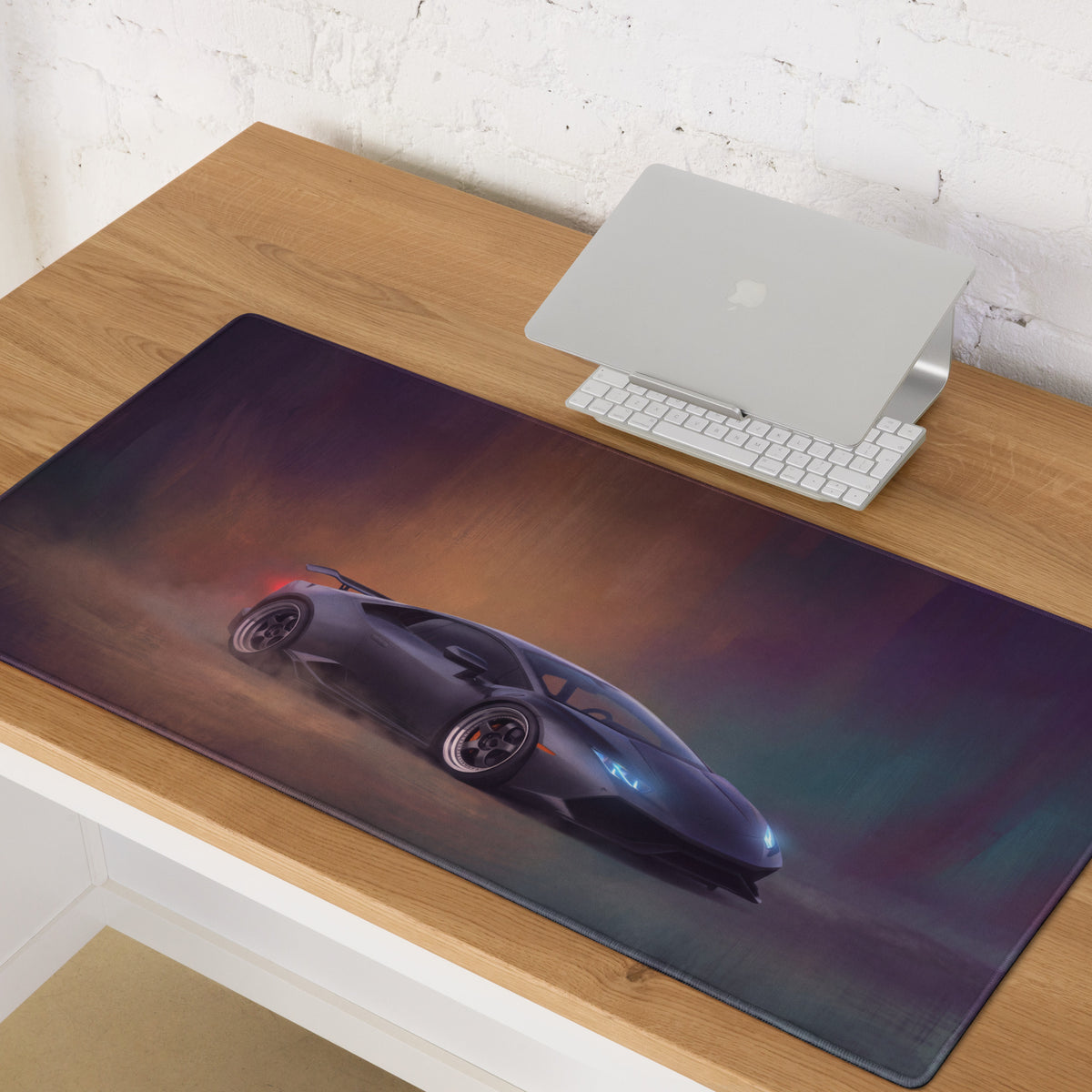 Lamborghini huracán inspired stealth onyx desk pad with a sleek dark gray sports car graphic on vibrant aurora background