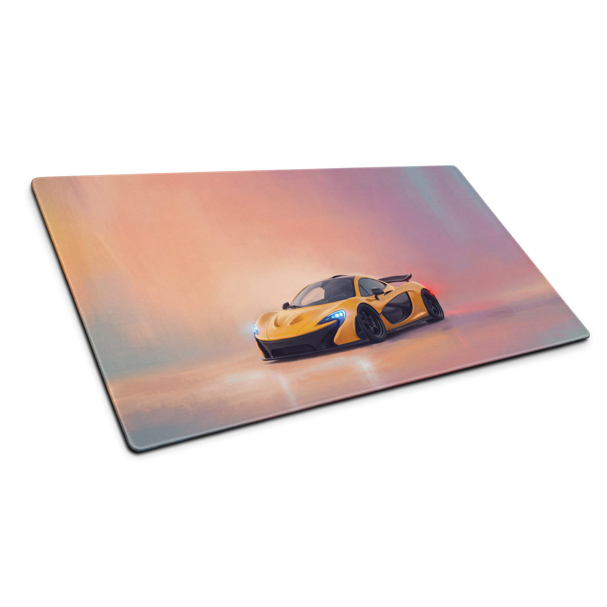 Yellow mclaren p1 sports car graphic printed on a rectangular glass cutting board for stylish kitchen use