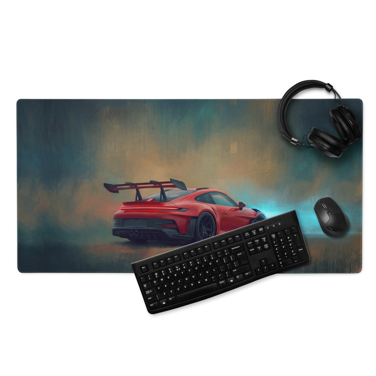 Porsche 911 GT3 RS inspired crimson apex desk mat with red sports car graphic high precision XL gaming mousepad